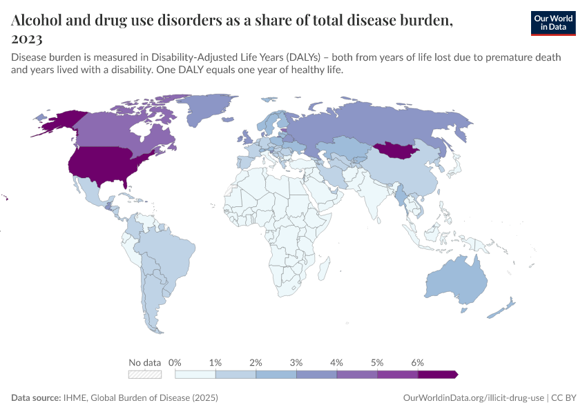 A thumbnail of the "Alcohol and drug use disorders as a share of total disease burden" chart
