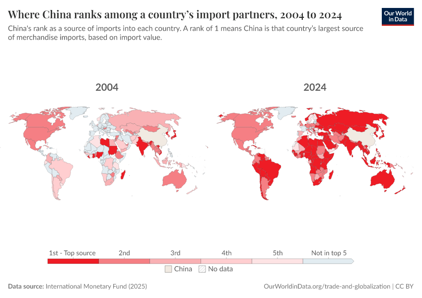 A thumbnail of the "Where China ranks among a country’s import partners" chart
